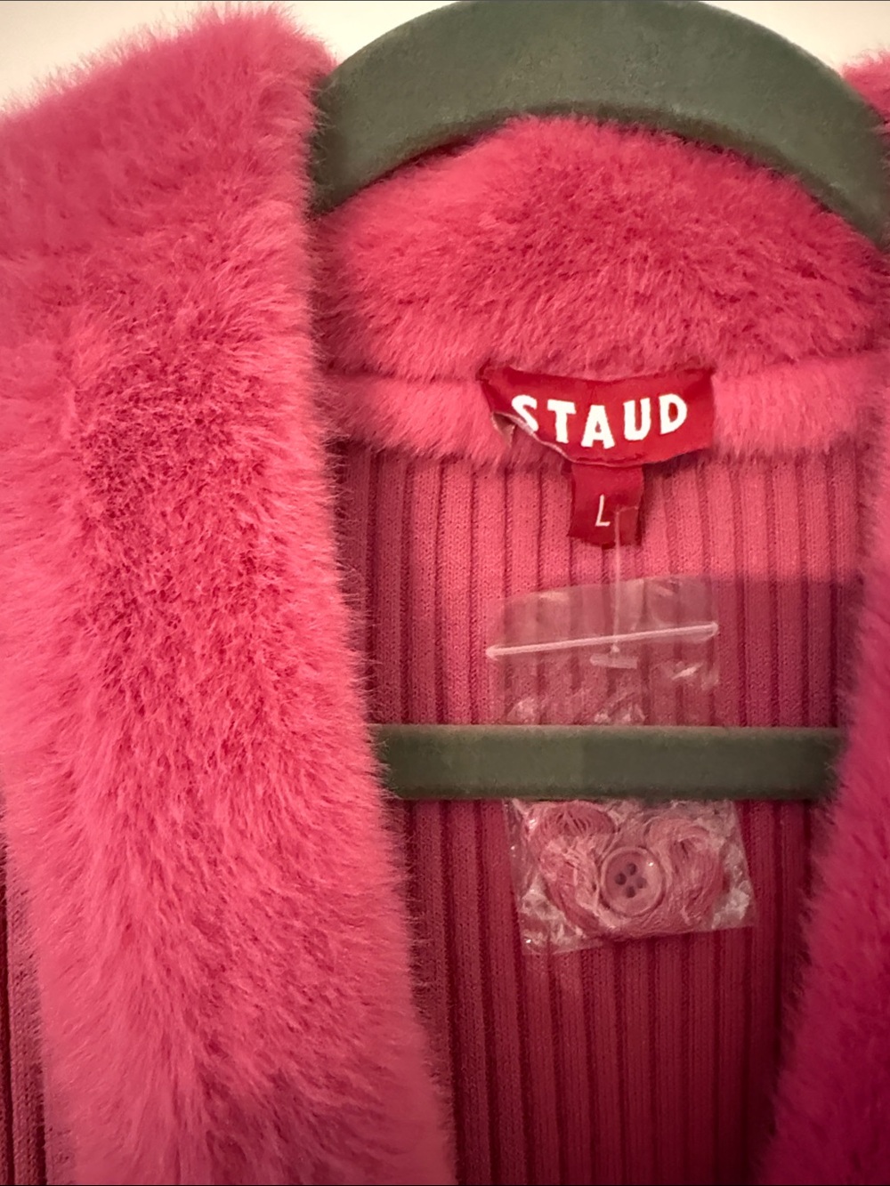 RARE STAUD Fuchsia Ribbed Faux-Fur Trim Long Button-Front Dress L NWT - Picture 2 of 4
